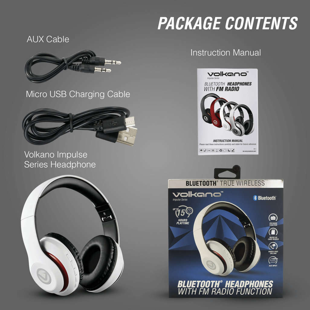 Volkano Impulse Series Bluetooth headphones package contents including AUX cable, micro USB cable, and instruction manual.