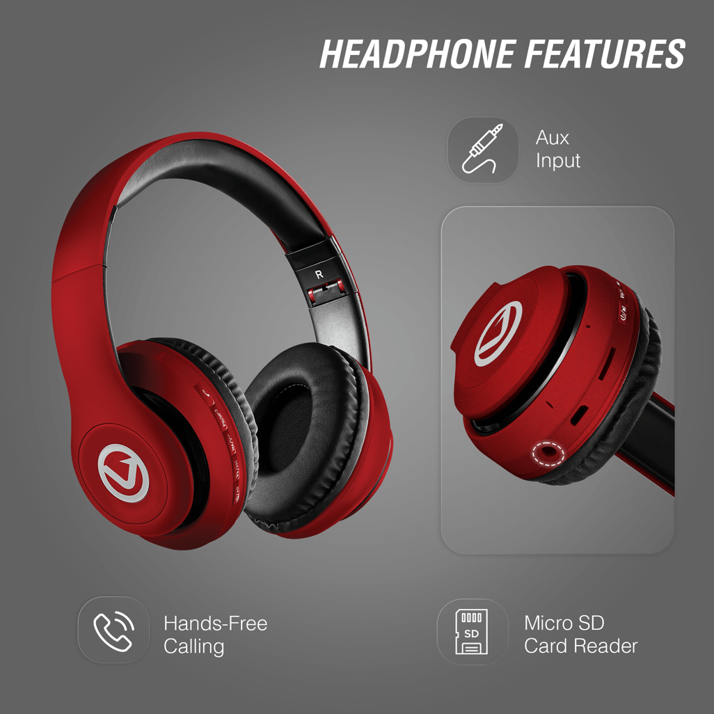 Volkano Impulse Series Bluetooth Headphones in Red showcasing aux input and micro SD card reader features.
