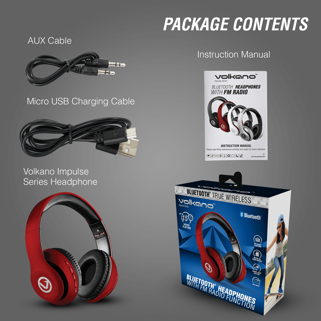 Package contents of Volkano Impulse Series Bluetooth Headphones in red, including AUX cable, USB charging cable, and instruction manual.