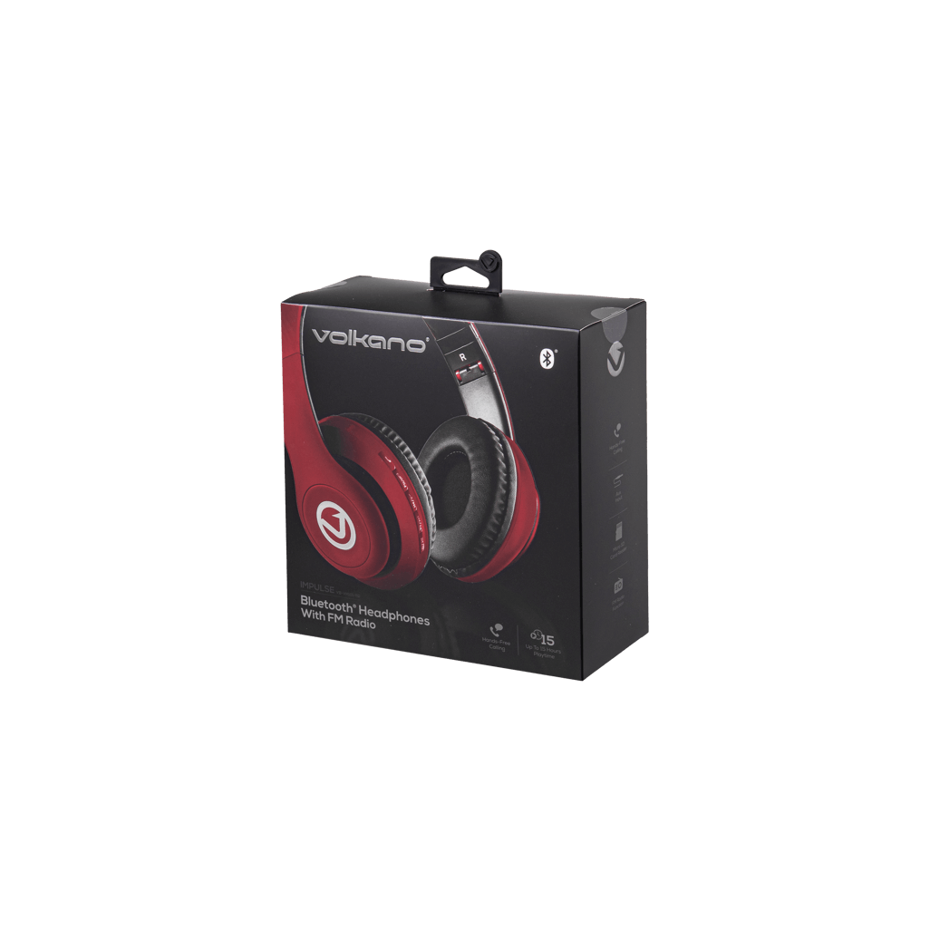 Volkano Impulse Series Bluetooth Headphones in Red packaging, organic design, perfect for listening on the go.
