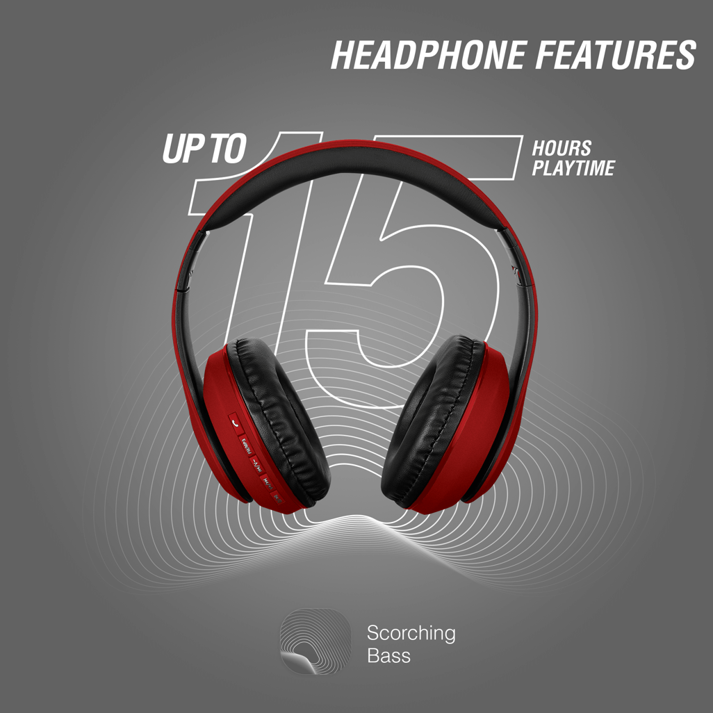 Volkano Impulse Series Red Bluetooth Headphones with up to 15 hours of playtime and scorching bass features.