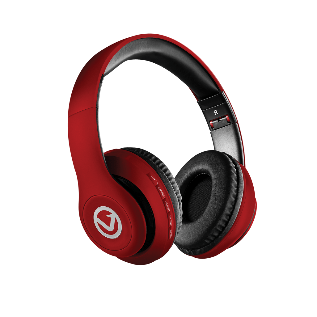 Volkano Impulse Series Bluetooth Headphones in vibrant red, featuring comfortable cushioning and sleek design for organic sound.