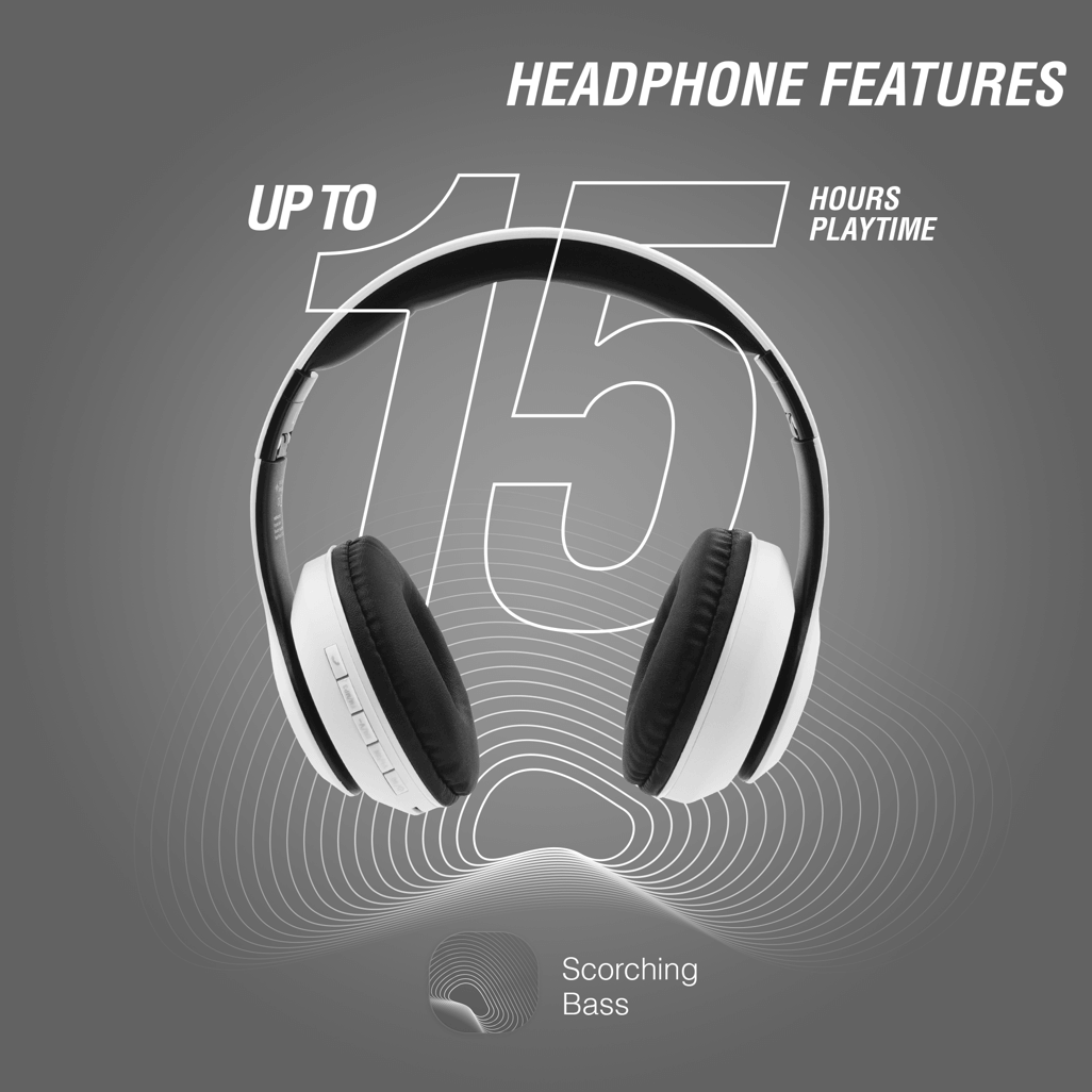 Volkano Impulse Bluetooth headphones showcasing up to 15 hours playtime with scorching bass features.