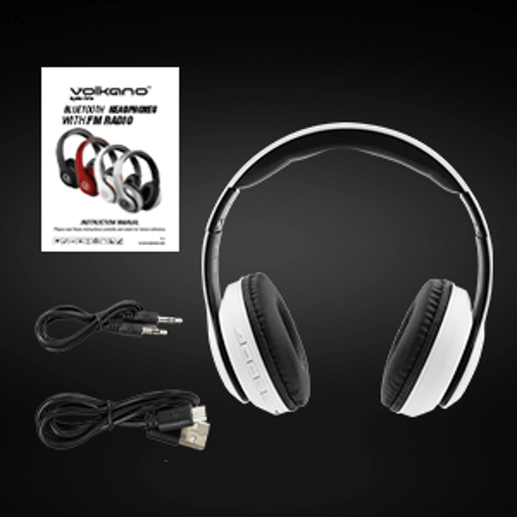 Volkano Impulse Series Bluetooth Headphones in white with accessories and user manual on a dark background.