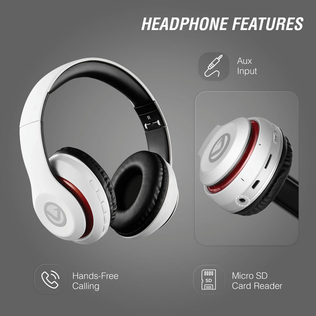 Volkano Impulse Series Bluetooth Headphones - White featuring aux input, hands-free calling, and micro SD card reader.