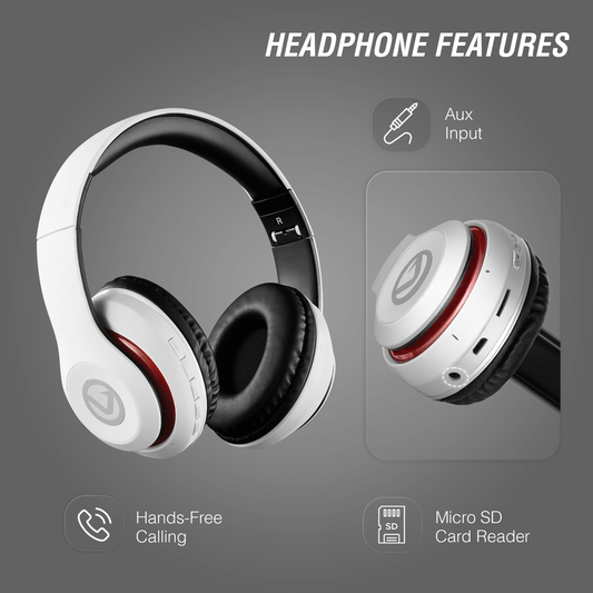 Volkano Impulse Series Bluetooth Headphones - White featuring aux input, hands-free calling, and micro SD card reader.