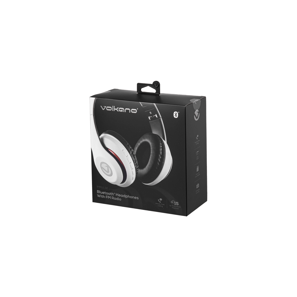 Volkano Impulse Series Bluetooth Headphones in white packaging, showcasing stylish design and wireless features.