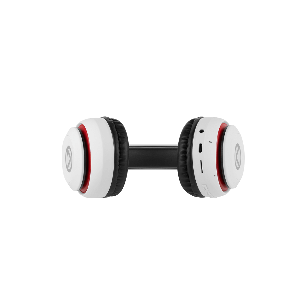Volkano Impulse Series Bluetooth Headphones in white and black with red accents, showcasing a sleek, organic design.