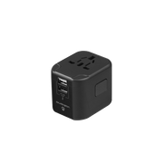 Volkano International Series Travel Adapter in black, featuring USB ports and multi-country plug compatibility.