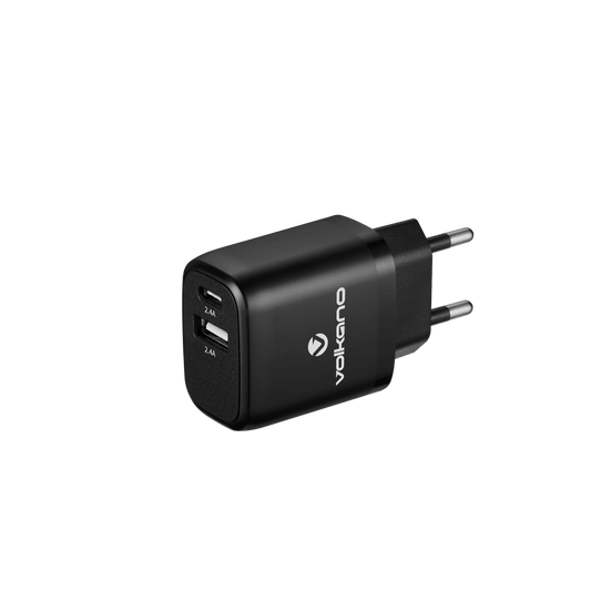 Volkano On-The-Go Dual Wall Charger with two USB ports for fast charging, compact design for portability.