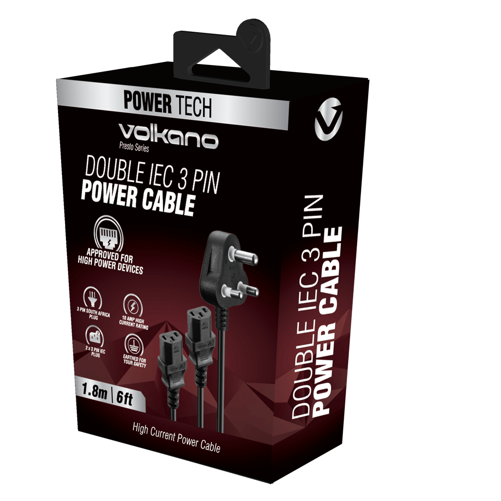 Volkano Presto series Double 3 pin IEC Power Cable 1.8m 10A - black