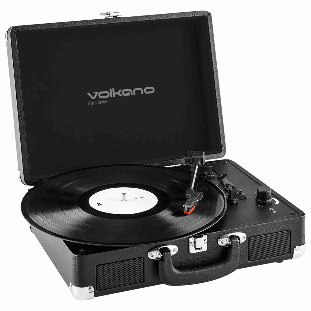 Volkano Retro Series Turntable in a stylish briefcase shell, perfect for enjoying organic vinyl records.