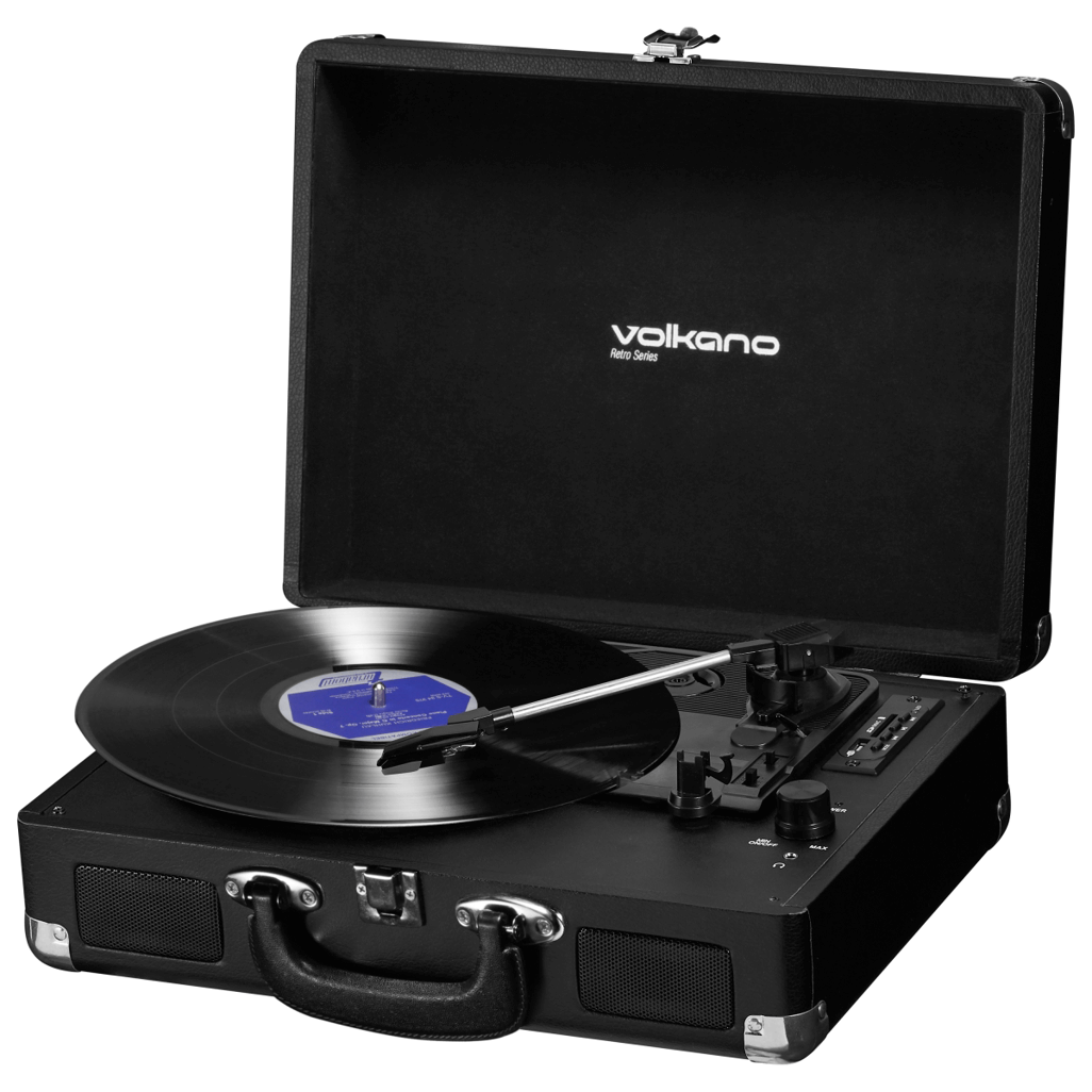 Volkano Retro Series Turntable in stylish briefcase, playing vinyl records, Bluetooth enabled, organic audio experience.