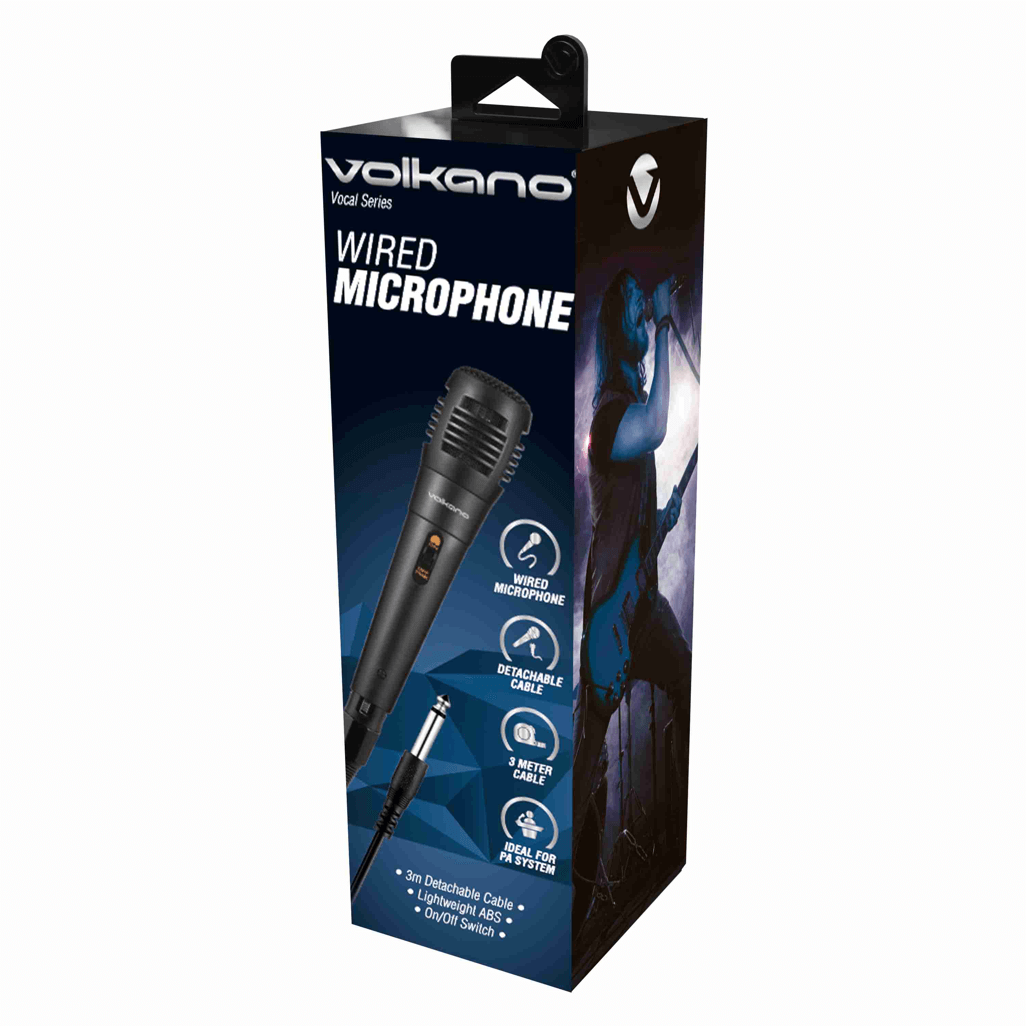Volkano Vocal series ABS wired microphone in packaging, perfect for performers and singers seeking high-quality sound.