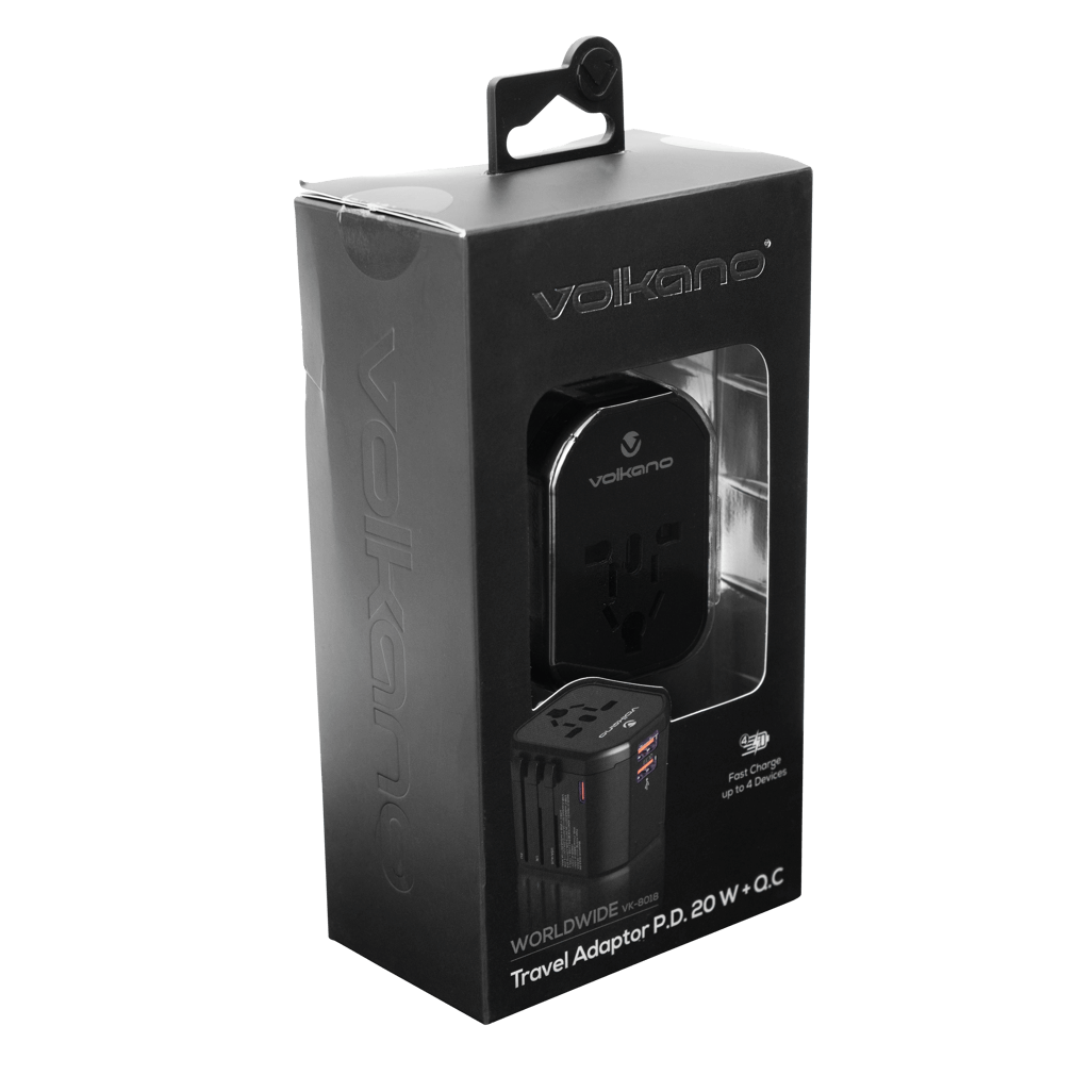 Volkano Worldwide Series Travel Adapter PD 25W and QC packaging showcasing versatile charging features.