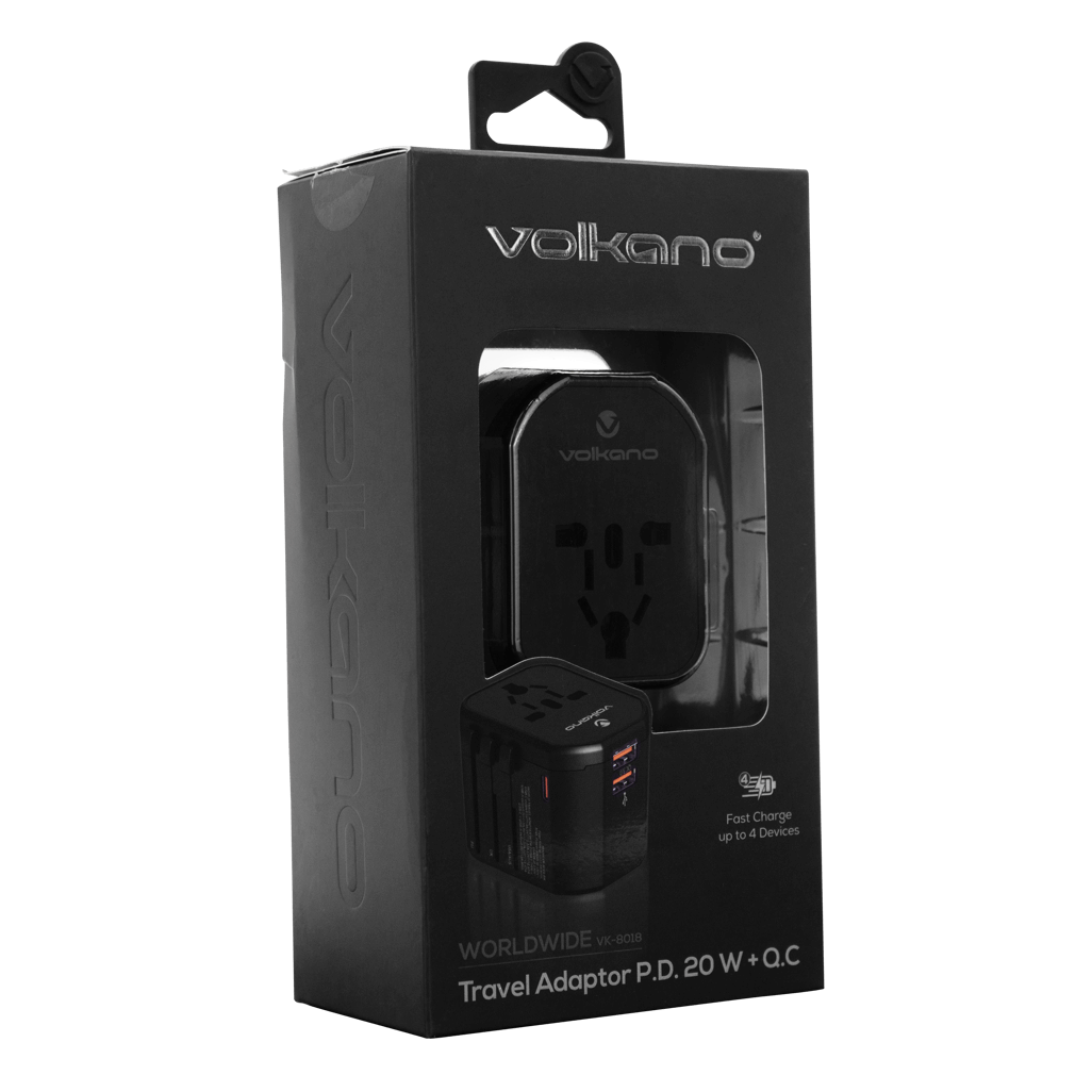Volkano Worldwide Series Travel Adapter PD 25W + QC in packaging, ideal for fast charging while traveling.