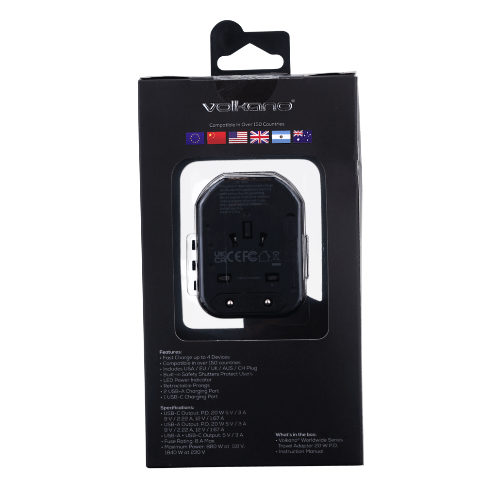 Volkano Worldwide Series Travel Adapter PD 25W + QC, compact design with multiple plug options and fast charging capabilities.