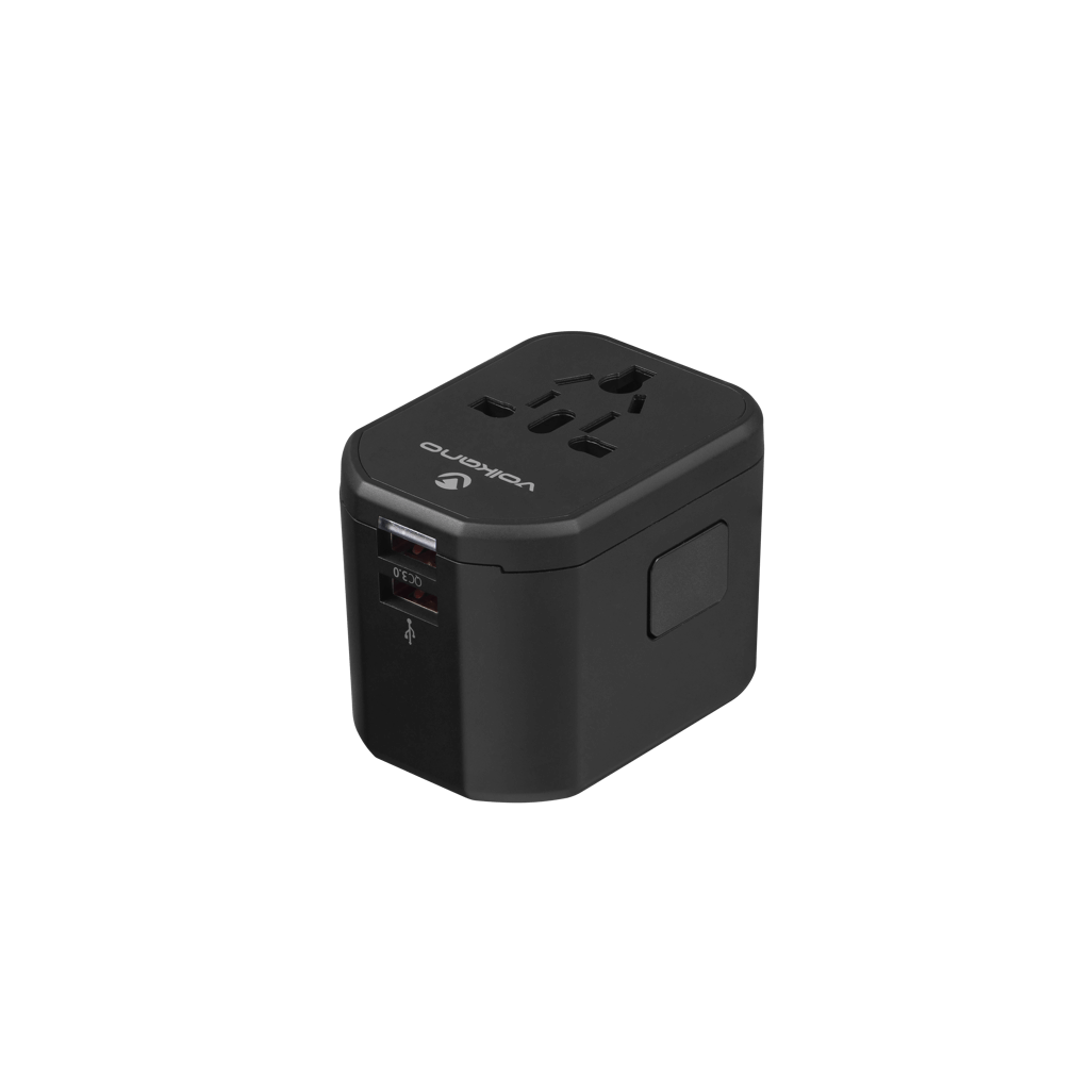Volkano Worldwide Series Travel Adapter PD 25W + QC in black, ideal for international travel charging needs.
