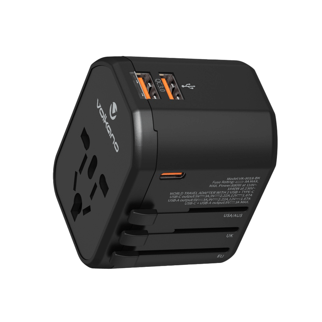 Volkano Worldwide Series Travel Adapter PD 25W + QC with multiple USB ports and worldwide plug compatibility.
