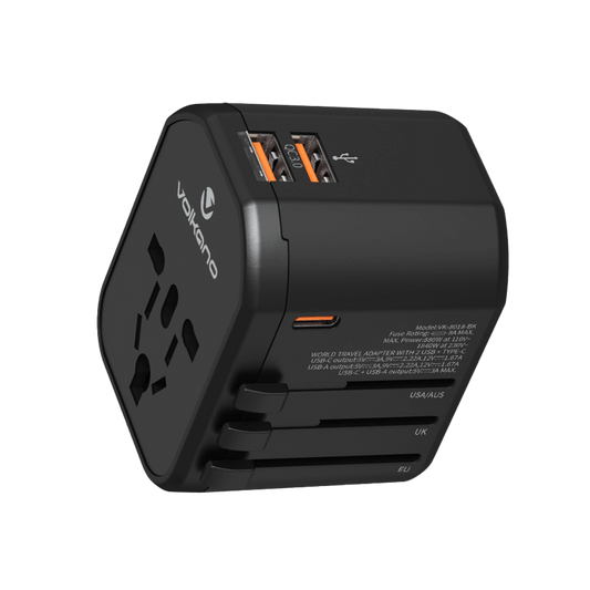 Volkano Worldwide Series Travel Adapter PD 25W + QC with multiple USB ports and worldwide plug compatibility.