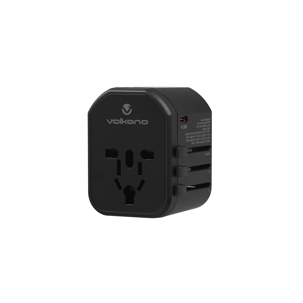 Volkano Worldwide Series Travel Adapter PD 25W with Quick Charge ports, compact and versatile for global travel.