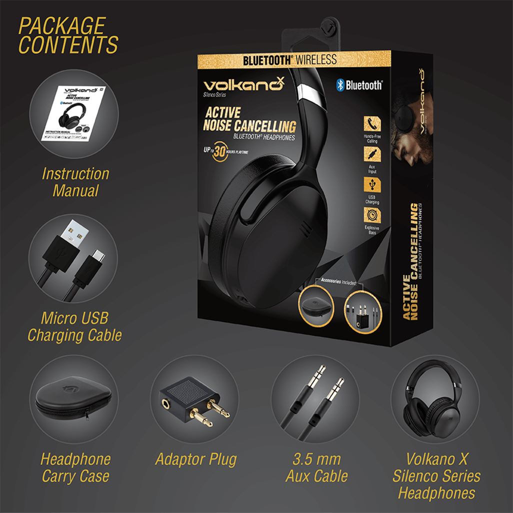 VolkanoX Silenco Series Active Noise Cancelling Bluetooth headphones packaging with accessories and instructions.